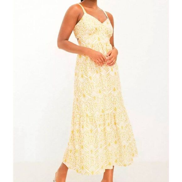 LOFT Dress Women's XS White Golden Eyelet Open Back Maxi Cotton Smocked - Picture 1 of 7